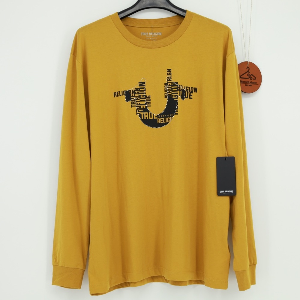 True‎ Religion Mens Gold HS Stacked Logo Long Sleeve Crew Neck Shirt Size XL